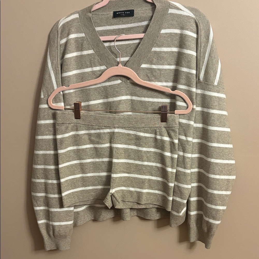 White Fox Boutique Taupe and White Striped Knit Shorts